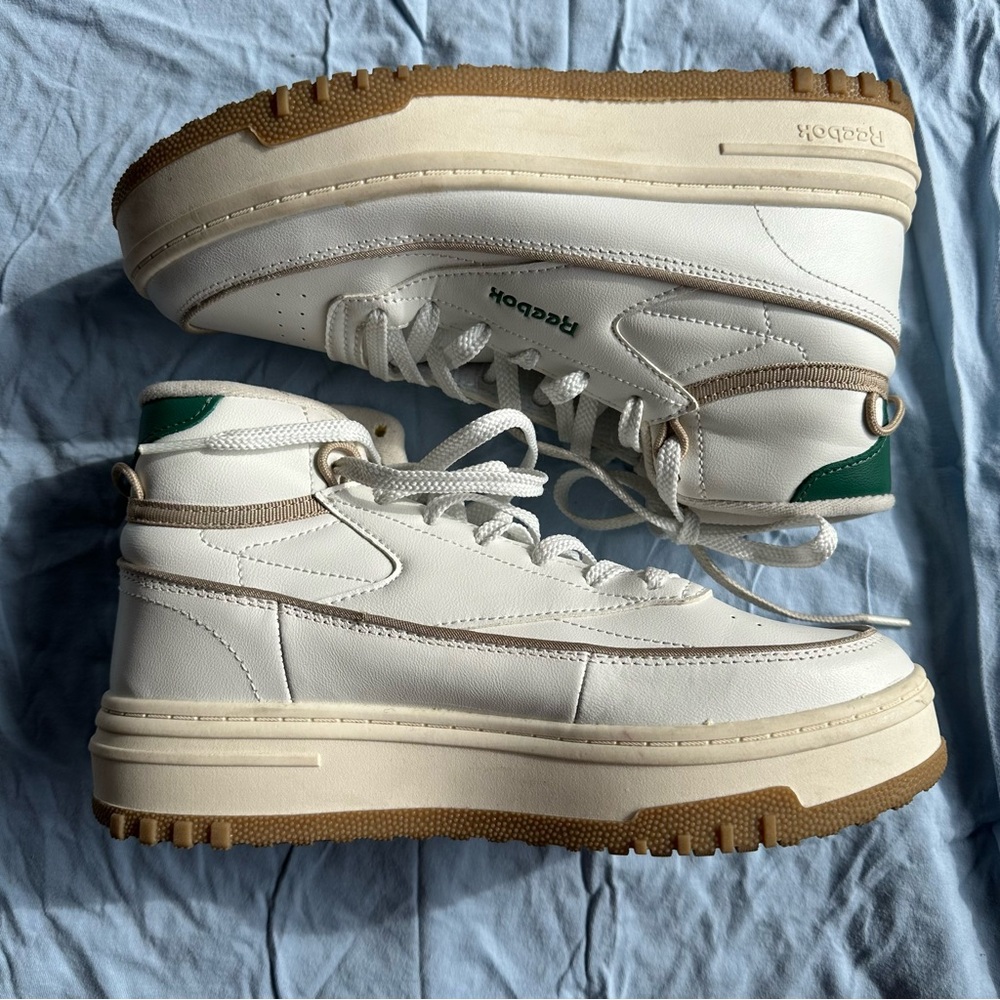 Reebok White and Green High-Tops with Brown Sole